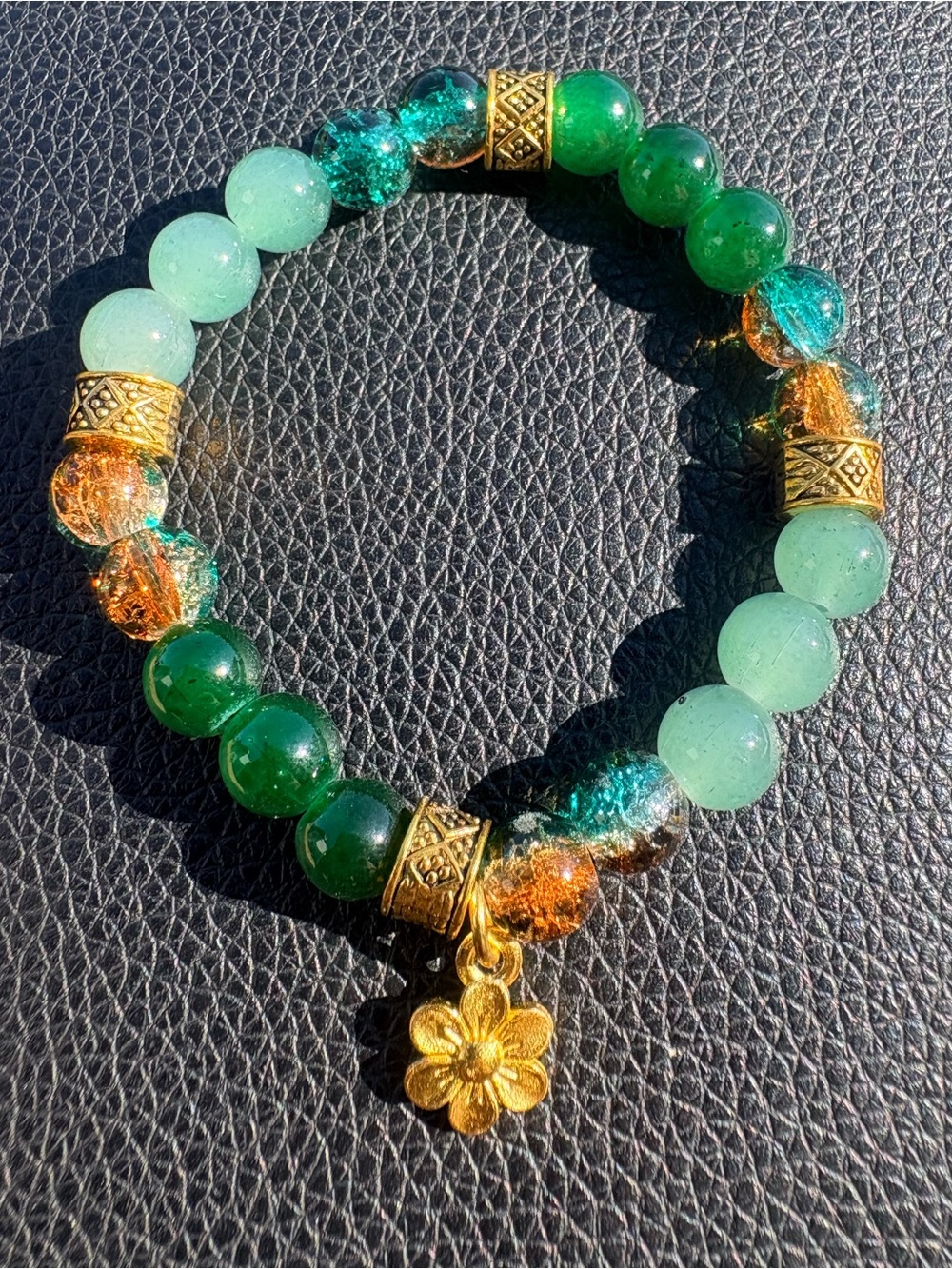 Green and gold accent glass beaded bracelet with flower charm - Picture 3 of 5